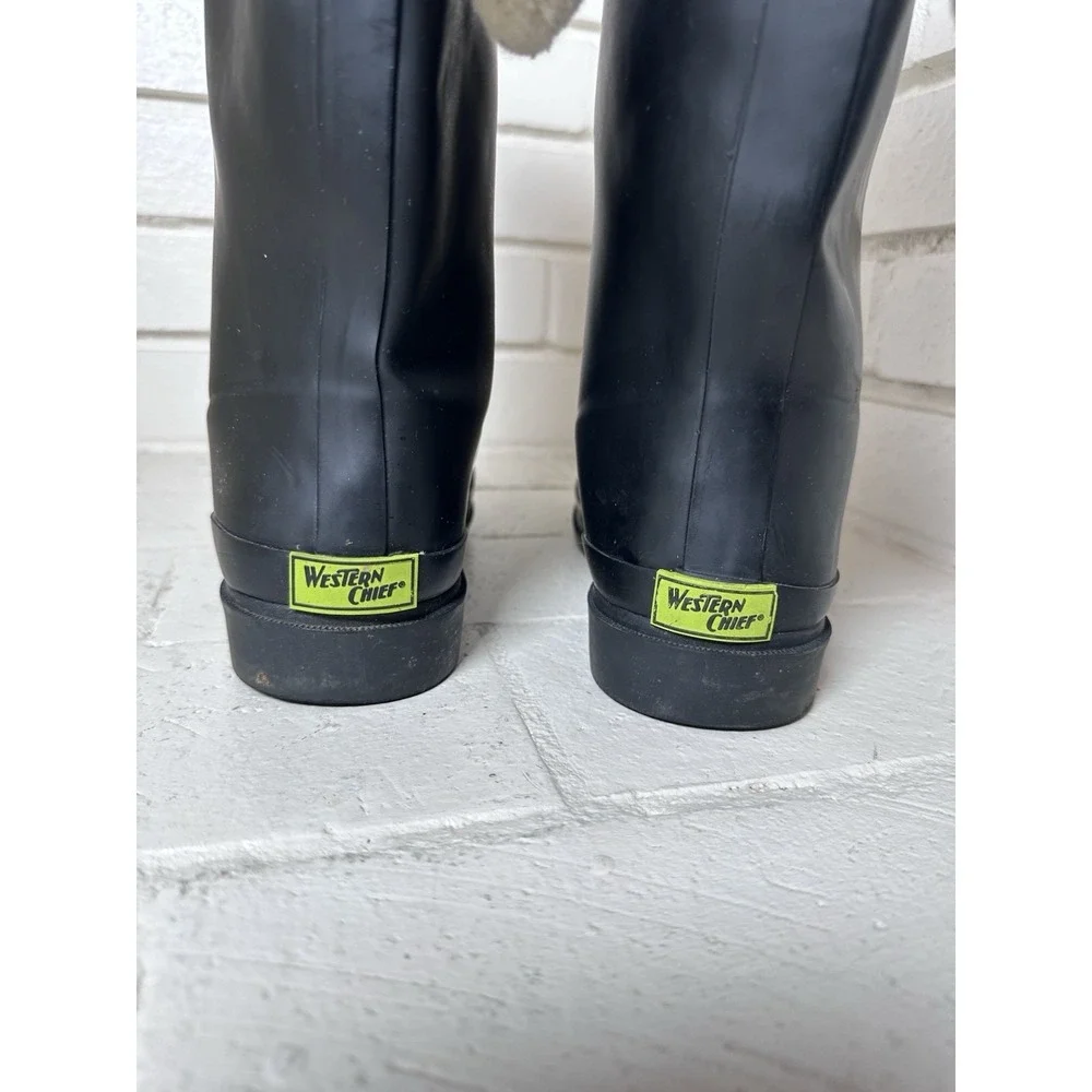 Western Chief Size 10 Black Rain Boots Y2K Disney Cozy Knit Cuff Pom Poms
